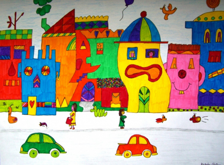 Dessin d'enfant : rue d'une ville avec des maisons &quot;bonhommes&quot;, des passants, des animaux et des voitures.